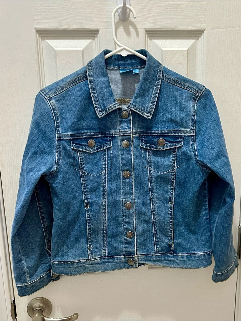 Disney Encanto blue denim snap-up jacket butterfly floral mandala design L 10/12